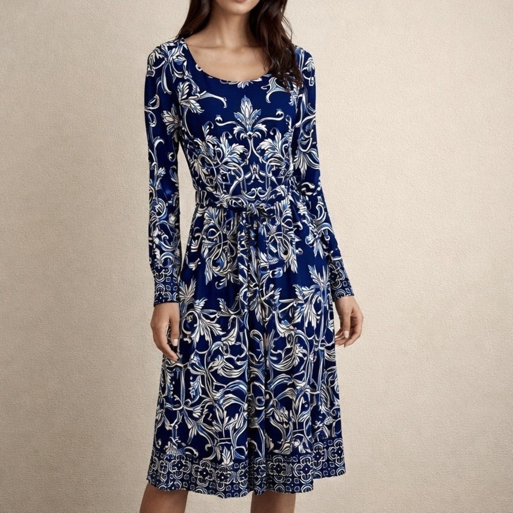 Vtg Y2K Cache Womens Filigree Print Dress Sz 6 Blue White Belted Russian Girl